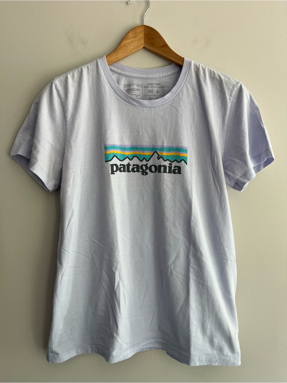 Patagonia Lilac  Logo Tee with Multicolor Stripe Small